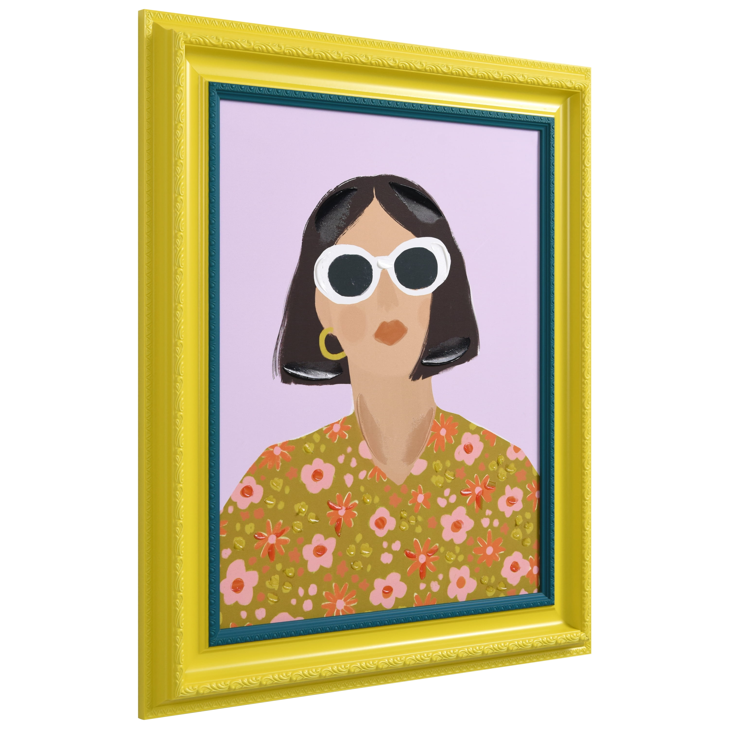 "Sunshine Chic" Chromatic Hand Painted Embellished Giclee Portrait Canvas Wall Art with Baroque Two-Tone Frame
