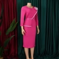 thumbnail image 4 of AURA Plus Size Belted Pencil Midi Dress High Waist Crewneck Long Sleeve Elegant Office Work Dress with Zipper, 4 of 10