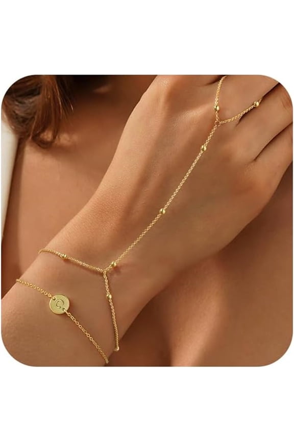 Gold Plated Layered Hand Chain for Women Trendy 14K Gold Plated Disc Initial C Beaded Hand Finger Ring Cuff Bracelet Chain Hand Jewelry Stackable Birthday Gifts for Women