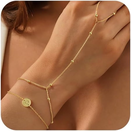 Turandoss Gold Plated Layered Hand Chain for Women Trendy 14K Gold Plated Disc Initial C Beaded Hand Finger Ring Cuff Bracelet Chain Hand Jewelry Stackable Birthday Gifts for Women