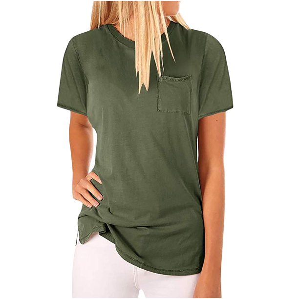 Fiudx Ofertas de La Semana Camiseta Informal de Manga Corta para Mujer, Tops Lisos con Bolsillo, Camiseta a La Moda