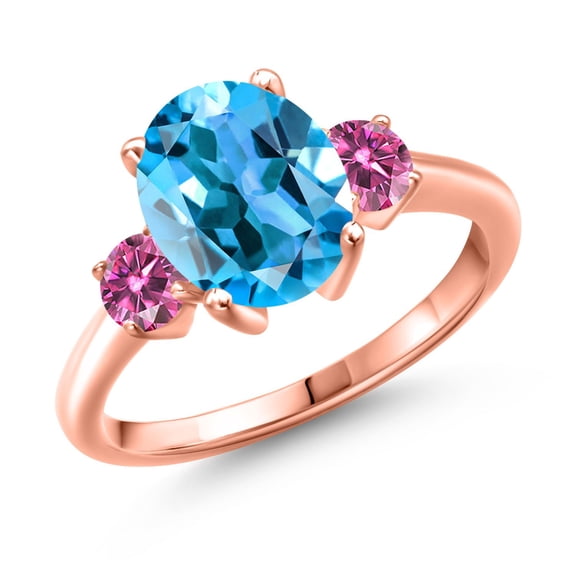 Gem Stone King 18K Rose Gold Plated Silver Ring Oval Swiss Blue Topaz and Vivid Pink Moissanite (3.66 Cttw, Size 8)