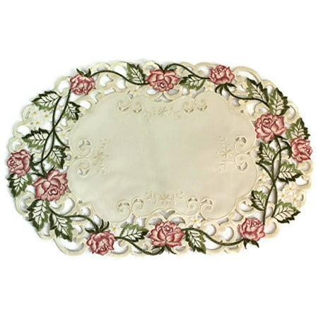 Doily Boutique Place Mat or Doily Embroidered with a Victorian Pink Rose on Ivory Fabric, Size 27 x 13 inches