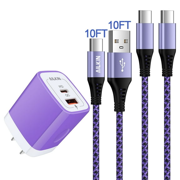 USB C Charger 10ft,AILKIN 2Pack Usb C to Usb C Cables 10ft PD 20W Power Delivery Type C Charger Fast Charging 10ft Feet USB C Wall Charger Block Adapter Plug,Purple