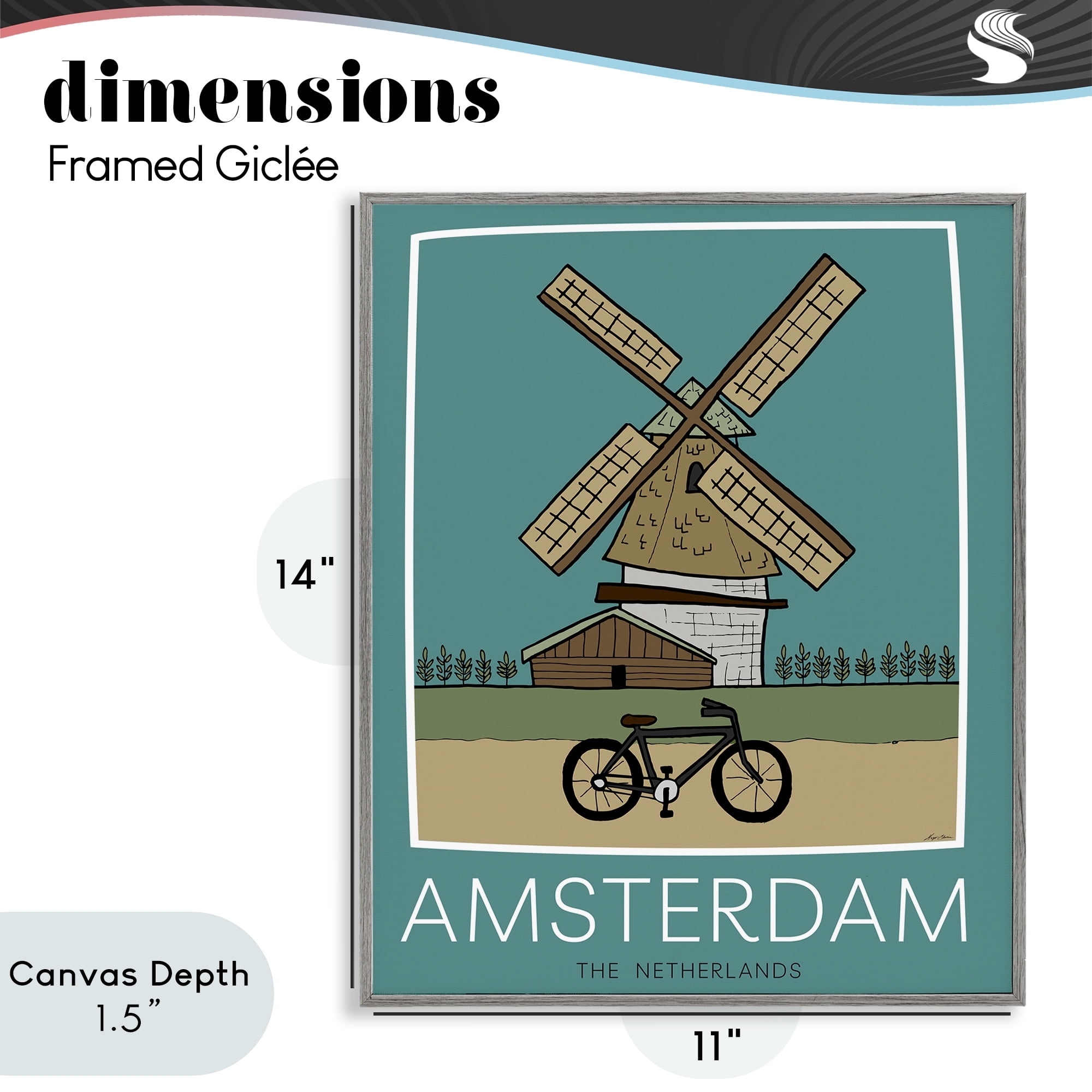 Stupell Industries Amsterdam Windmill Poster Gray Framed Giclee Art, design by Hugo Edwins
