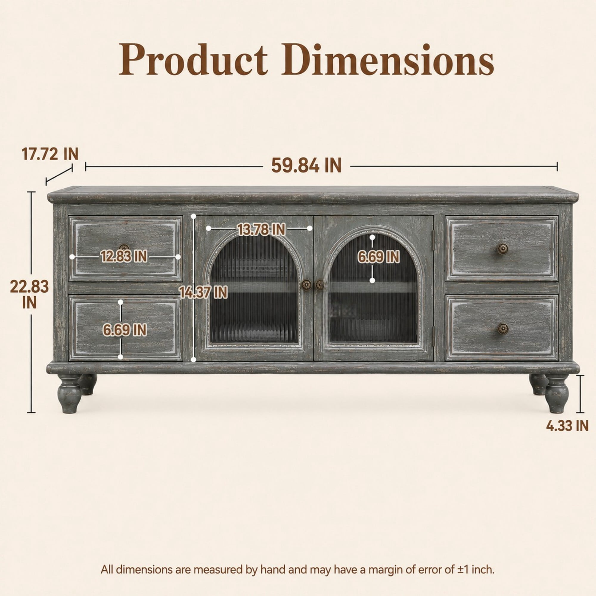 DEALTOPS 60 Inch Farmhouse TV Stand with 4 Drawers & 2 Glass Doors, Rustic Media Console – Weathered Oak