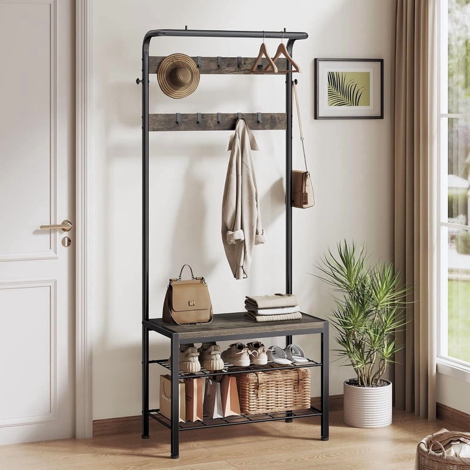Gianna Hall Tree with Shoe Bench and Coat Rack, 4-in-1 Coat and Shoe Rack for Entryway, Mudroom Storage, Gray