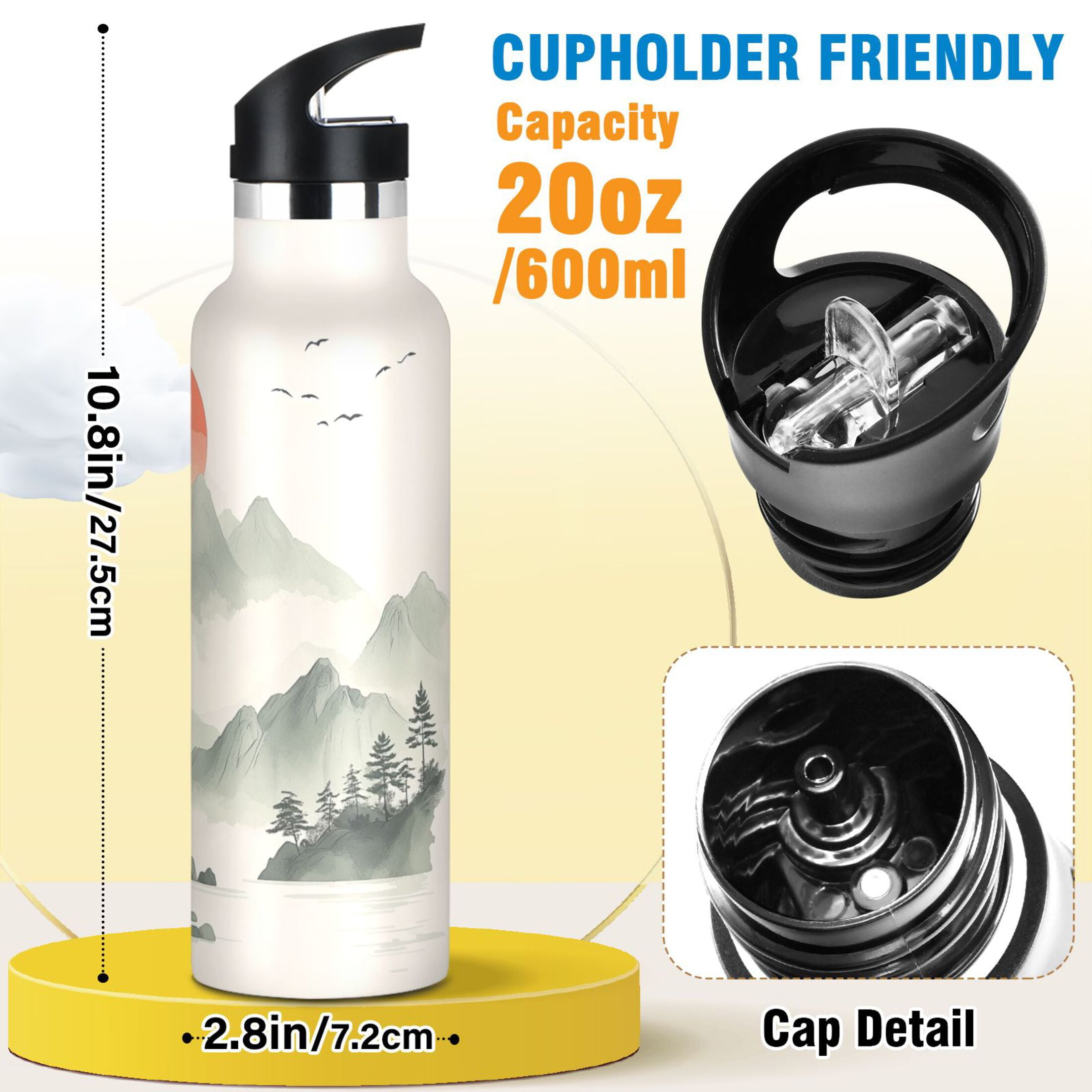 600ML Stainless Steel Insulated Cup Sports Water Bottle Portable Thermos Cup Water Glasses Insulated Tumblers Convenient and Durable The Orange Sun