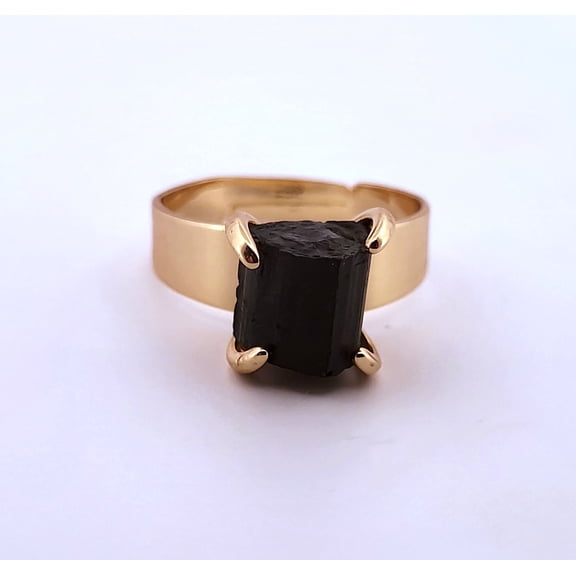 Natural Black Tourmaline Gold Adjustable Ring NBTGAR3