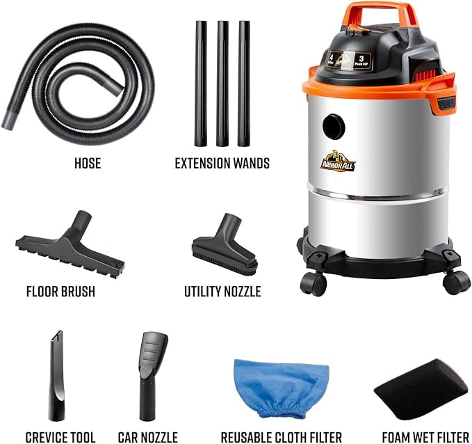 Armor All VO408S 0901 4 Gallon, 3 PHP, Wet/Dry Vacuum Cleaner, Orange with Accessories Included