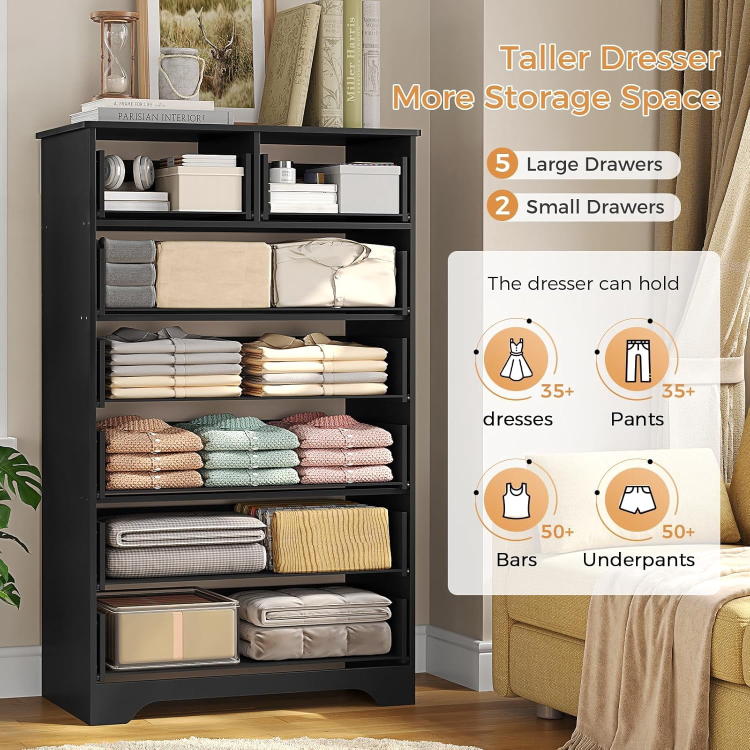 Aunfebrco Black Dresser for Bedroom with 7 Drawers Modern Vertical Chest of Drawers with Metal Handle Tall Storage Dresser Organizer for Living Room