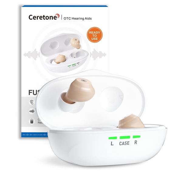 Ceretone Fusion Mini OTC Rechargeable Hearing Aids for Seniors and Adults, Noise Reduction Pair, Beige