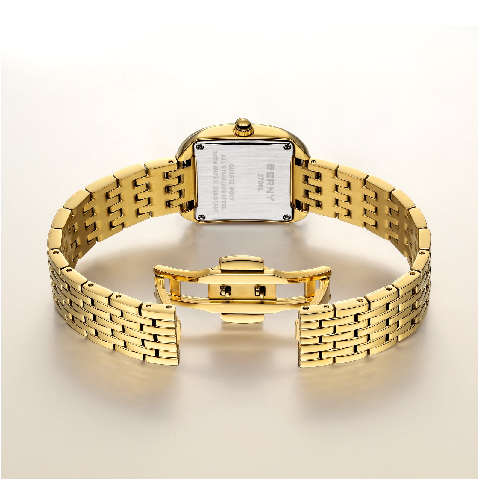 BERNY Gold Watches for Women, Square Dainty Ladies Analog Quartz Watch with Roman Numeral, Stainless Steel Bracelet Watch, Classic Waterproof Women Wristwatch Gift, Brown