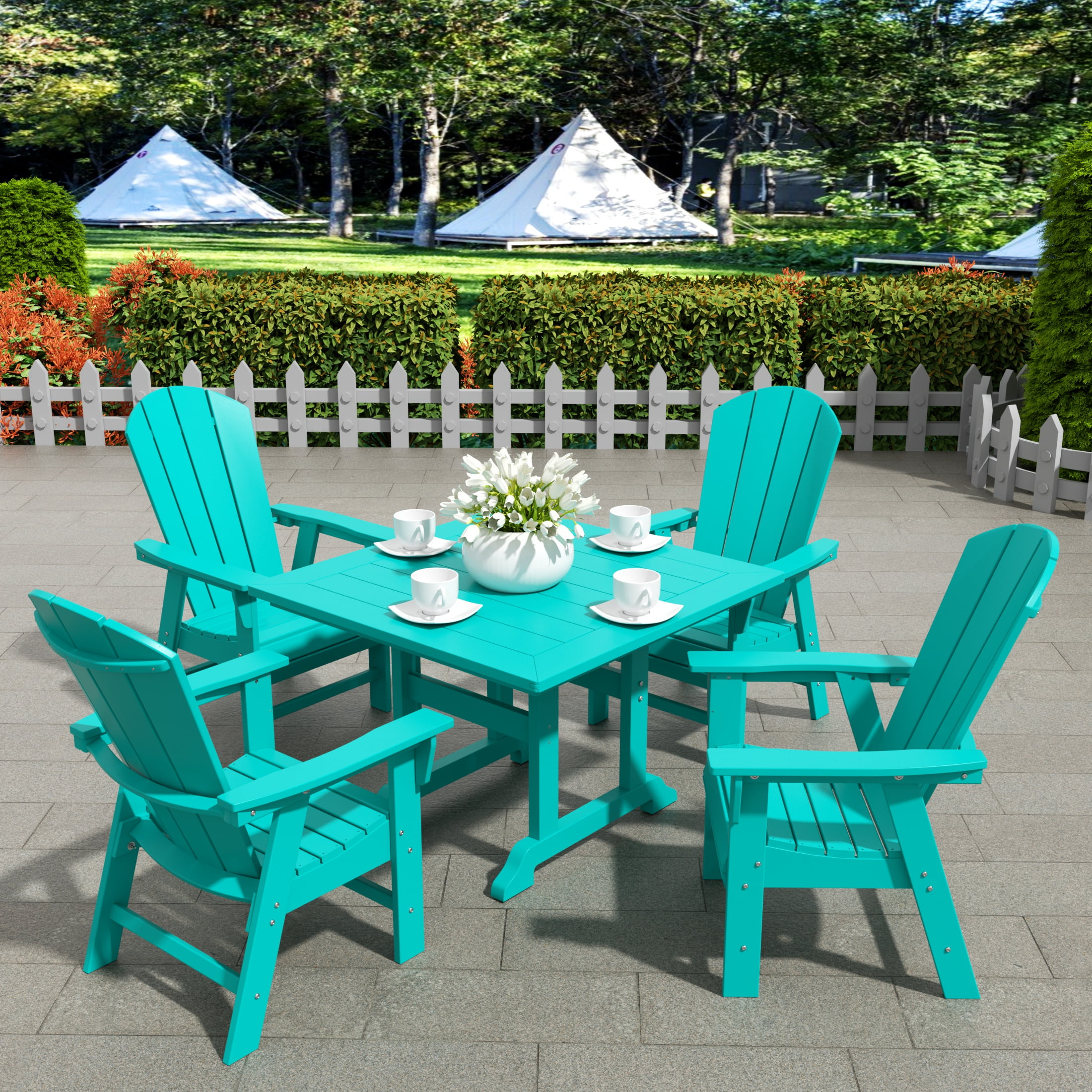 WestinTrends Malibu 5 Piece Adirondack Outdoor Dining Set, All Weather Poly Lumber Patio Table and Chairs Furniture Set, 43" Trestle Square Dining Table and 4 Adirondack Dining Chair, Turquoise