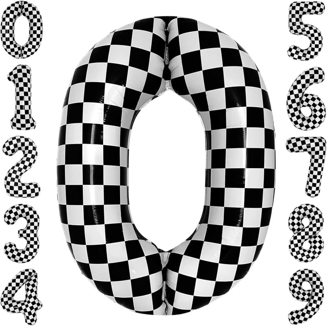 Yanonmyfd Globo grande de 40 pulgadas a cuadros con números blancos y negros para coche de carreras, suministros de fiesta de 5 cumpleaños número 5 globo a cuadros,A cuadros 0