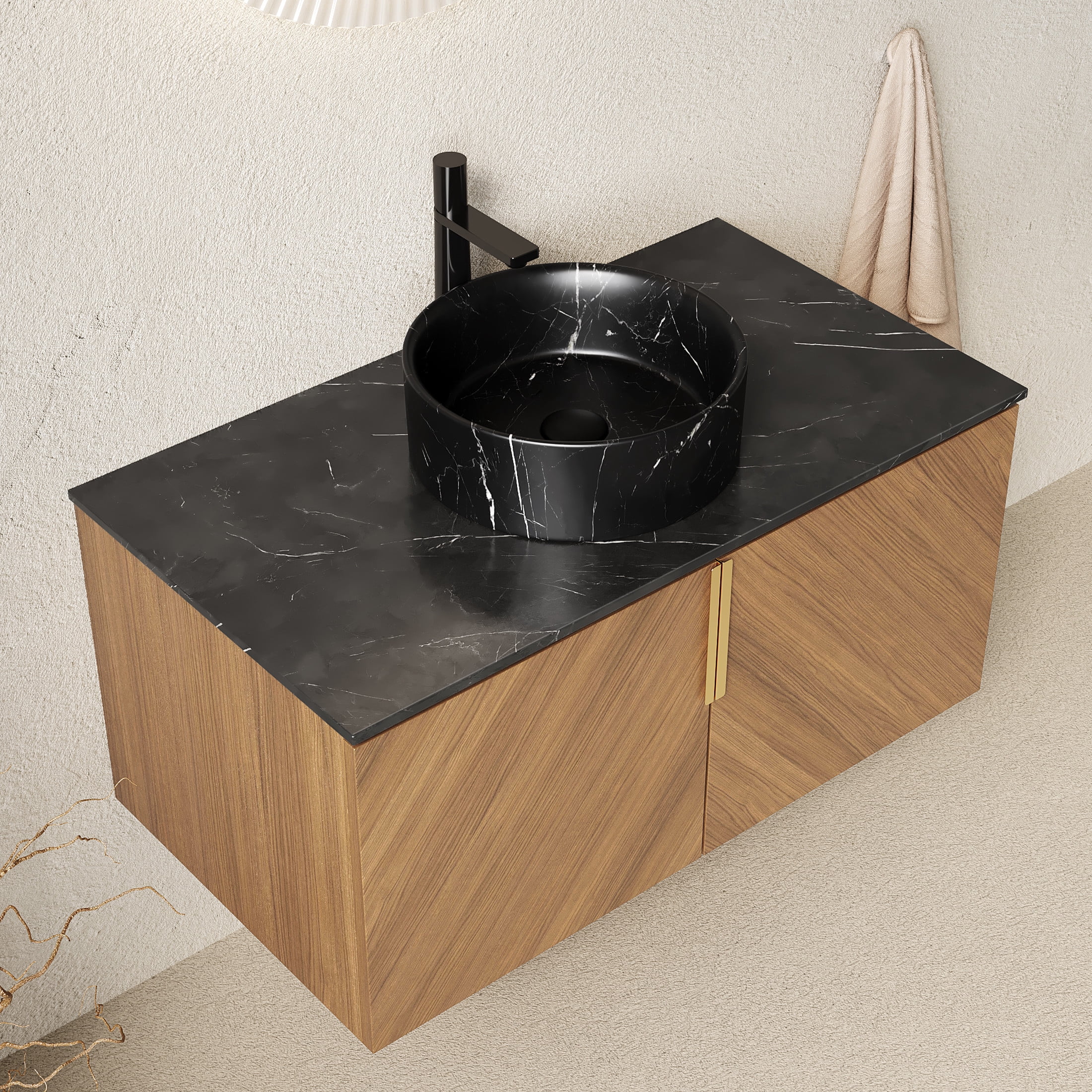 Noble House ARAI 36" Floating Bathroom Vanity, Sintered Stone Top Storage Cabinet with Black Round Vessel Sink, Oak