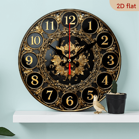 10Inch Vintage Ornate Wooden Wall Clock - Elegant Golden Accents, Silent Design, Bold Black Numbers, AA Battery Powered, Classic Round Shape for Home Decor, Wall Clock Living Room
