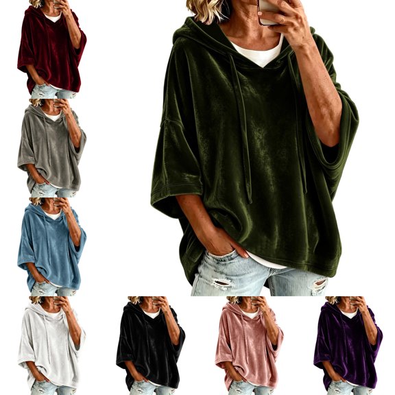 FAHUOMU Women's Pullover Hoodies Three Quarter Sleeve Drawstring Velour Tops Casual Loose Fit Warm Fall Winter Clothes
