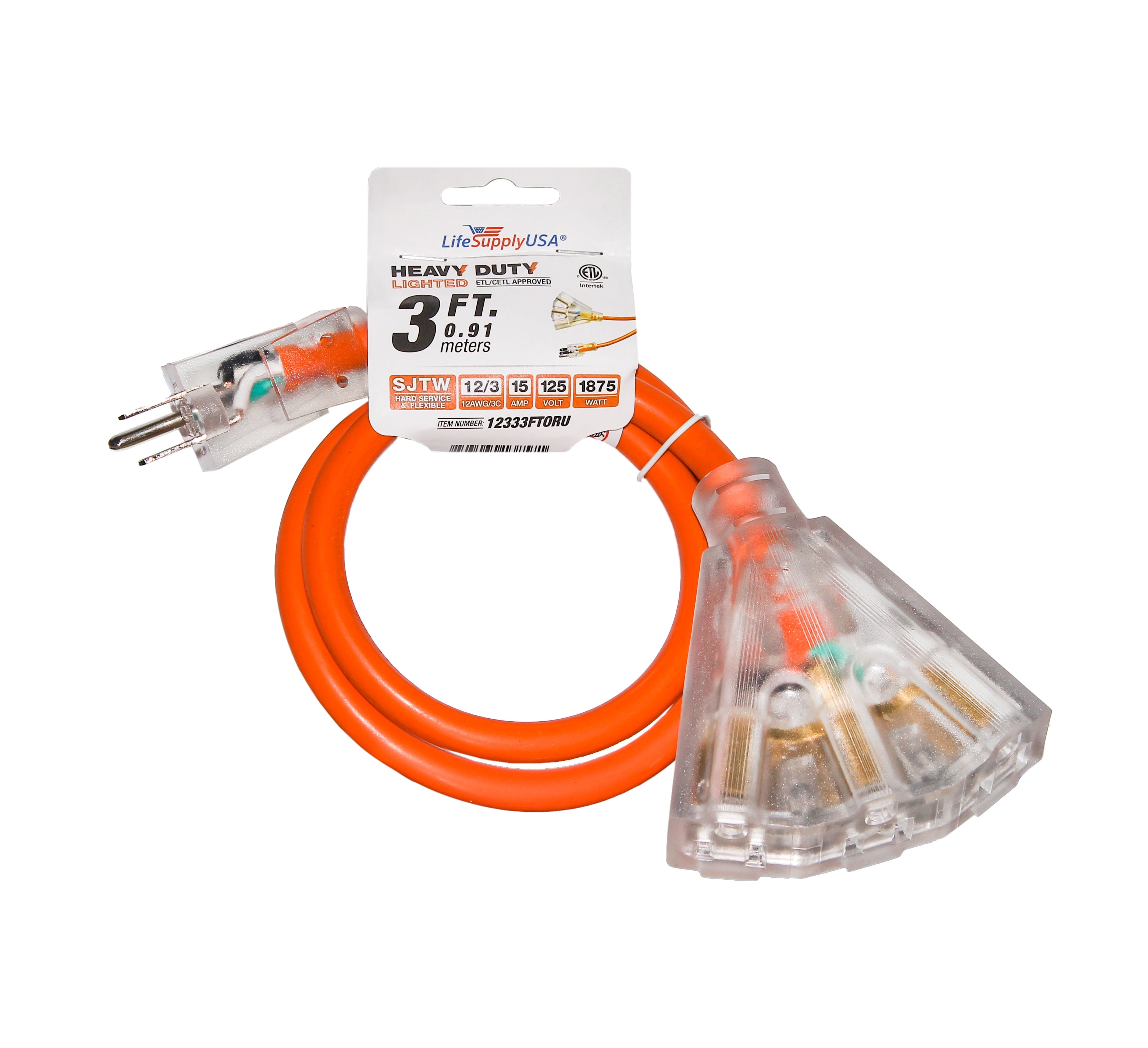 3 ft Power Extension Cord Outdoor & Indoor Heavy Duty 12 gauge/3 prong SJTW (Orange) Lighted end 3-outlet Extra Durability 15 AMP 125 Volts 1875 Watts ETL listed by LifeSupplyUSA