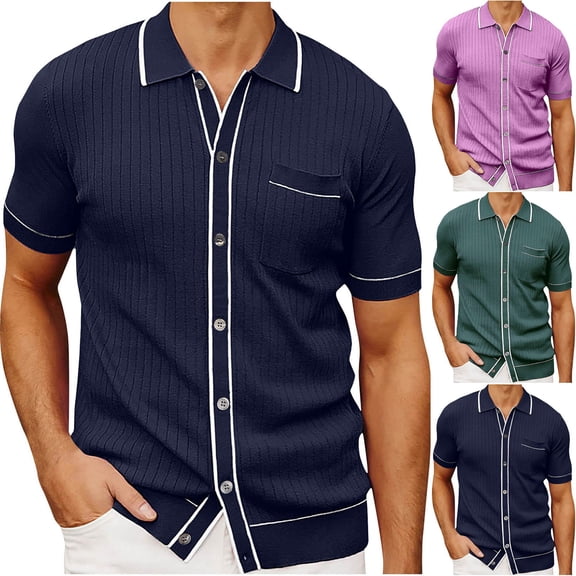 Mens Polo Sweater with Short Sleeve Shirts Vintage Textured Striped Button Down Knitted Golf Shirts with Pocket Size 3XL Navy
