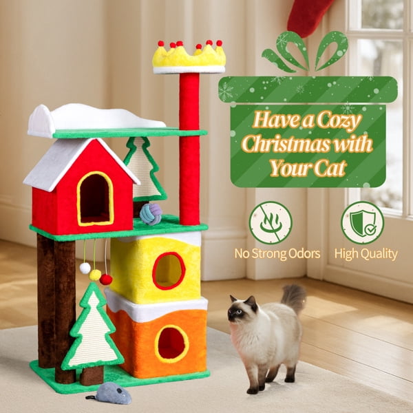Alvantor 56" Cat Tree 3 Condos Crown Perch Sisal Scratching Ramps Hanging Balls Indoor