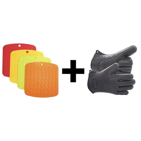 Set of Silicone Heat Resistant Kitchen and BBQ Gloves + 4 Silicone Pot Holders, Trivet Mat, Non Slip Hot