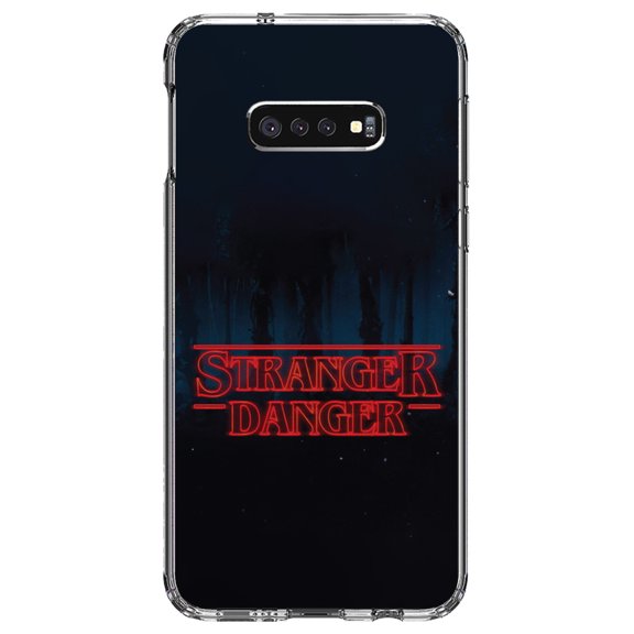 DistinctInk Clear Shockproof Hybrid Case for Samsung Galaxy S10e (5.8" Screen) - TPU Bumper, Acrylic Back, Tempered Glass Screen Protector - Red Forest "Stranger Danger"