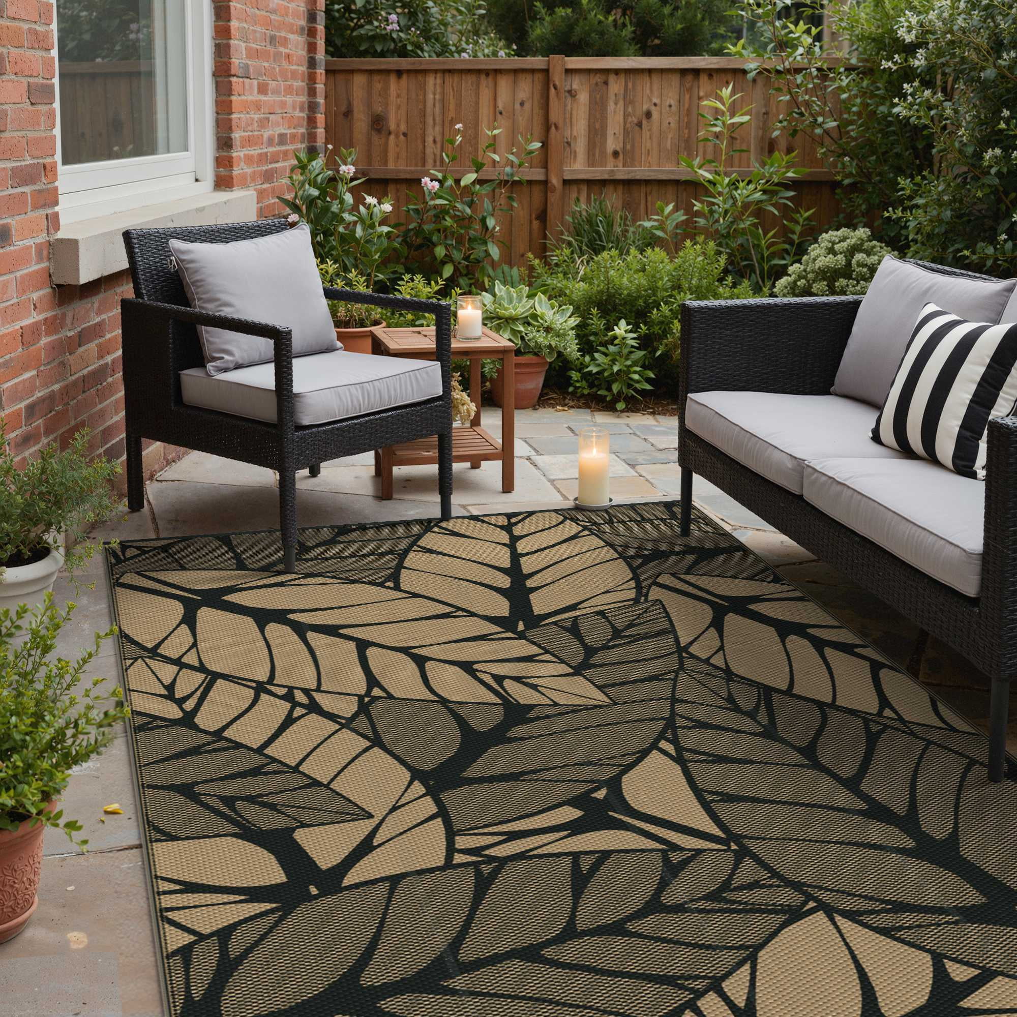 DEORAB 5'x8' Outdoor Rugs Waterproof Patio Reversible Plastic Straw Carpet Camping Outside Mat For Garden Balcony Camping Porch, Black & Brown