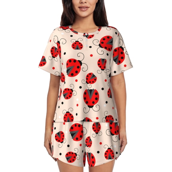 Ratiio Red Ladybug Print Womens Pajama Sets 2 Piece Soft Short Sleeve Top and Shorts Sleepwear Round Neck Pjs Lounge Set