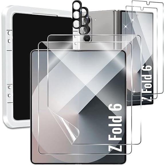 for Samsung Galaxy Z Fold 6 Screen Protector, 2 Pack Inside Flexible TPU Film 2 Pack Front Tempered Glass Screen Protector 2 Pack Camera Lens Protector with Mounting Frame Accessories, HD Clear