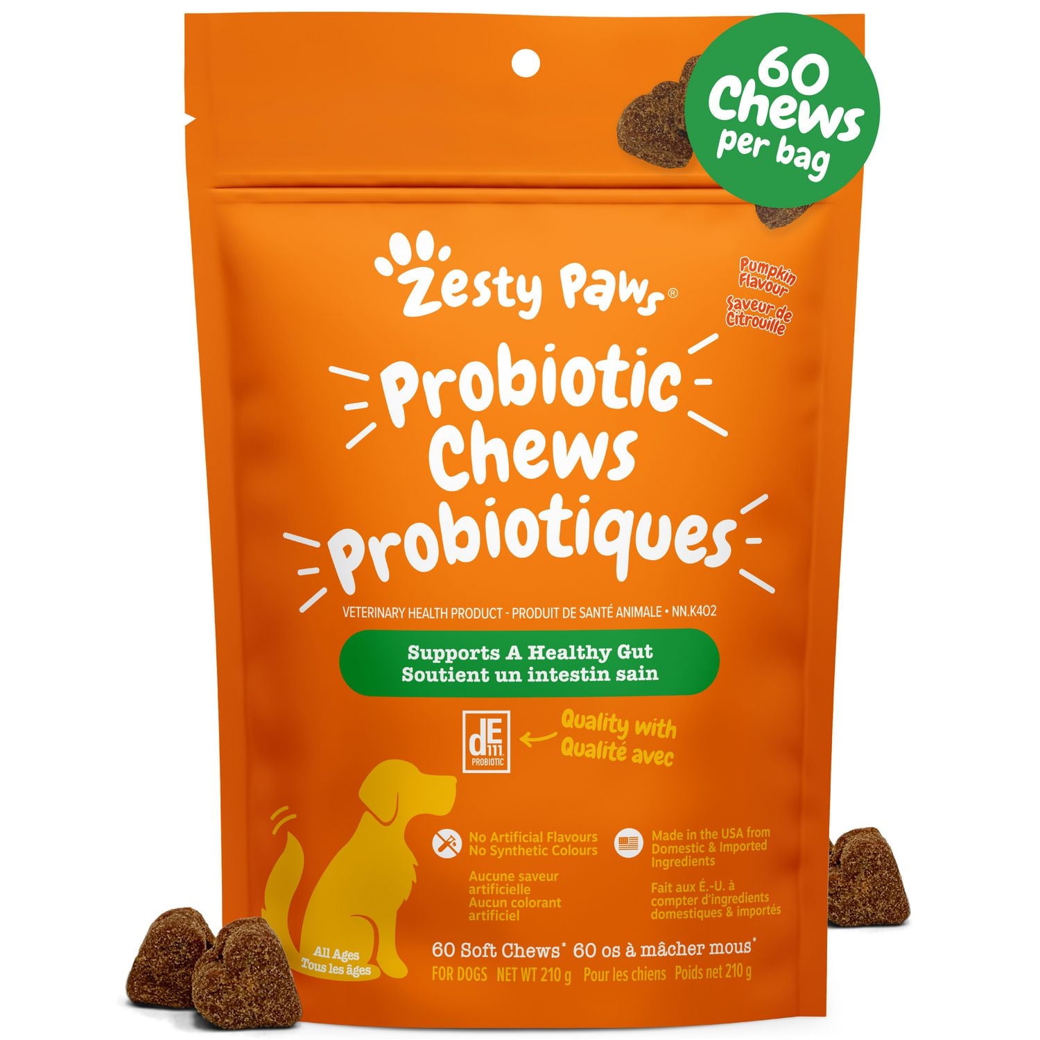 Zesty Paws Probiotic Soft Chews, Gut Flora & Digestive Supplement for Dogs, Pumpkin Flavour, 60-pk, 60 Chews