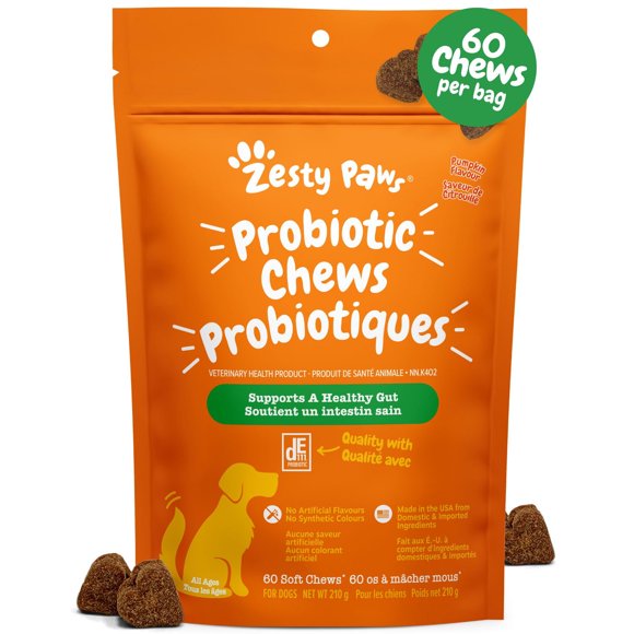 Zesty Paws Probiotic Soft Chews, Gut Flora & Digestive Supplement for Dogs, Pumpkin Flavour, 60-pk