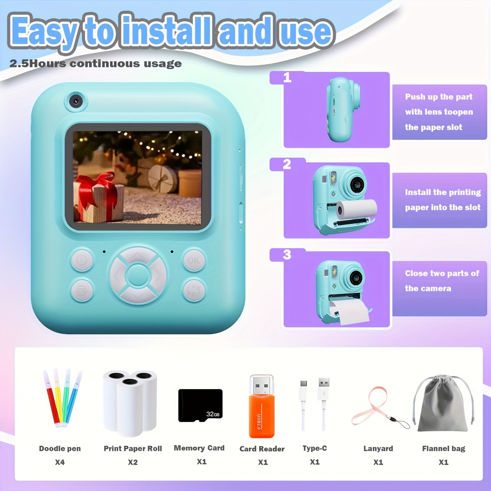 Instant Print Digital Camera with 2.4" Screen - 48MP FHD Photo Printer, Flash, MP4, Puzzle Game, Includes 32GB TF Card & Reader, Mini Portable Camera for Kids Gift