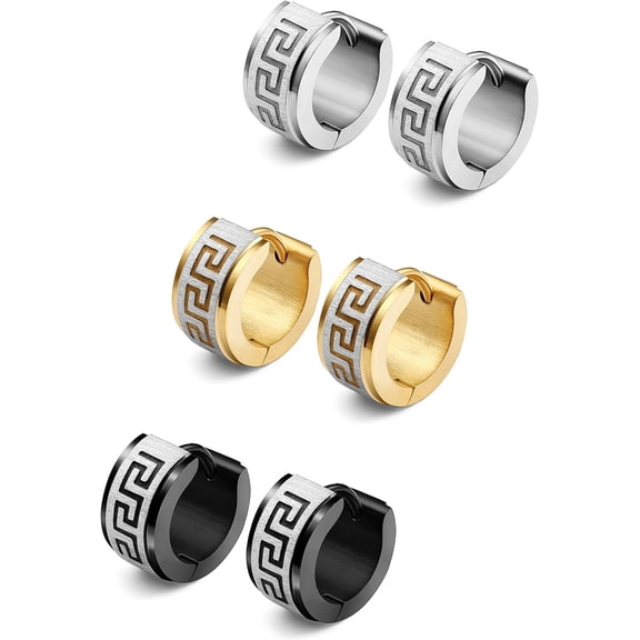 Leander 3 Pairs Men's Hoop Earring Stainless Steel Hoop Earrings for Men Women Huggie Earrings Unique Greek Key Fashion Huggie Earrings Piercing Jewelry