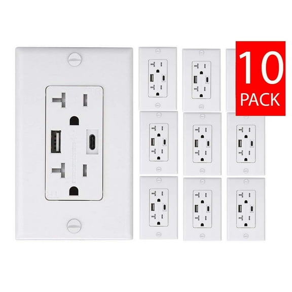 TEKLECTRIC 4.0A High Speed USB A/USB C Receptacle 20A Tamper Resistant Receptacle ETL Approved & Free Wall Plate, White USB A/USB Type C (10 Pack)