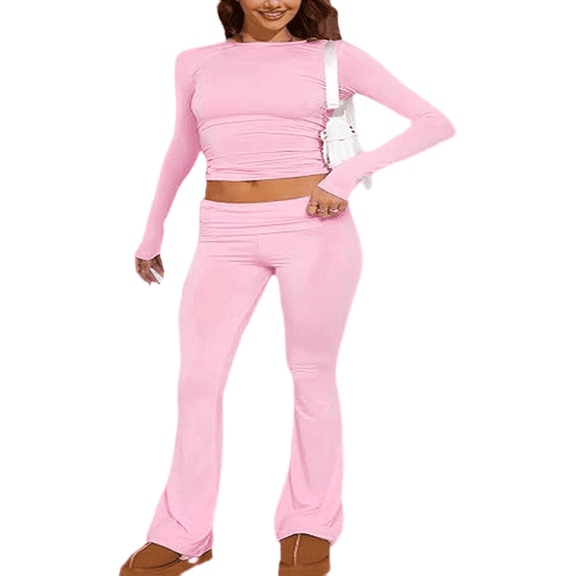 LYMAYTER Casual Two Piece for Women's Long Sleeve Crew Neck T-shirt High Waist Foldover Flare Pants Sets