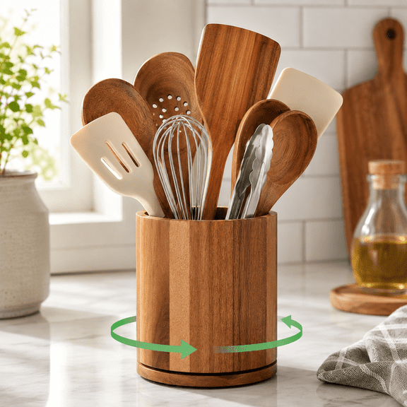 Wooden Utensil Holder, 360° Rotating 6.5'' Utensil Holder for Kitchen Counter, Kitchen Utensil Organizer