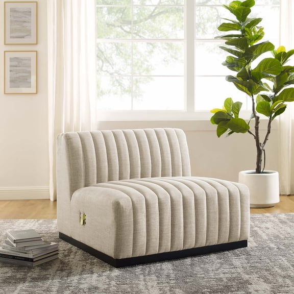 Modway Conjure Channel Tufted Upholstered Fabric Armless Chair in Black Beige