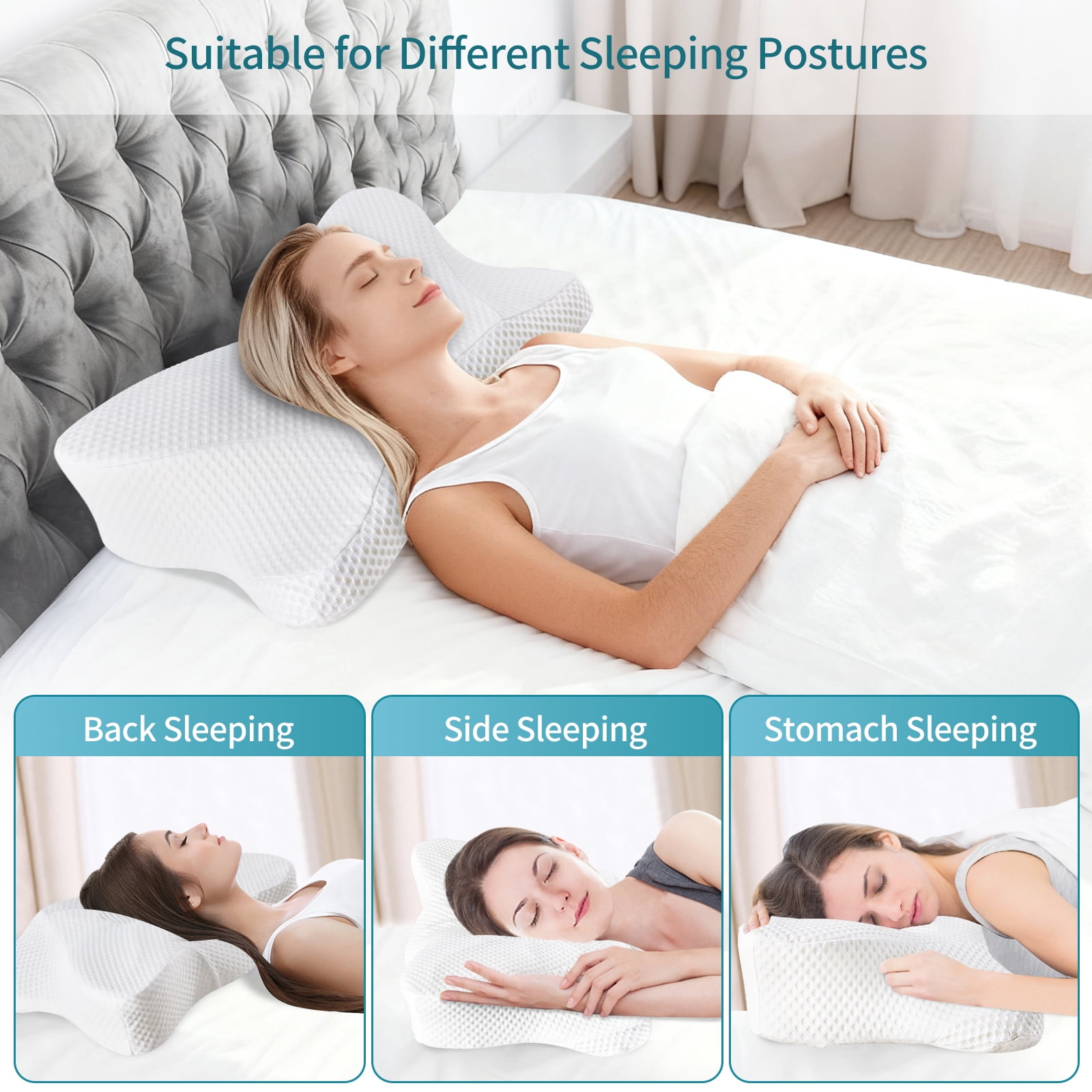 LIFERECORD Cervical Neck Pillow for Pain Relief, Ergonomic Memory Foam Pillow with Cooling Cover, Dual Height Orthopedic Contour Pillow for Side, Back, Stomach Sleepers
