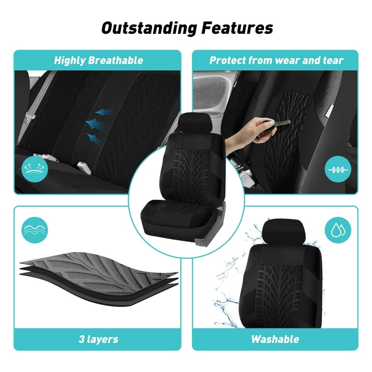 FH GROUP FH-FB030115 Lichte en luchtige stoffen stoelhoezenset airbag en splitklaar met premium tapijt vloermatten beige/zwart - geschikt voor de meeste auto's, vrachtwagens, SUV's of bestelwagens