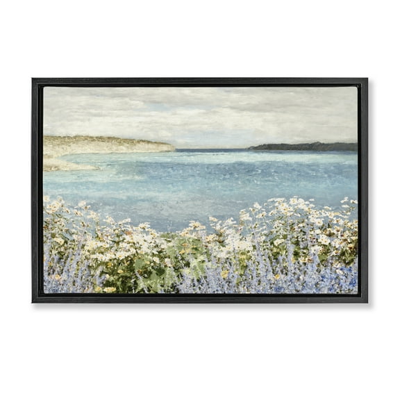 Stupell Industries Daisy Field over Sea Landscape & Nature Painting Black Floater Framed Canvas Art Print Wall Art, 25 x 17
