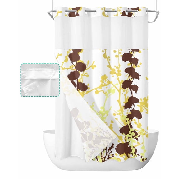 No Hook Shower Curtain with Snap in Liner, Brown Yellow Branches Watercolor Plants White Hotel Shower Curtains for Bathroom, Washable Shower Curtain Liner Set with Mesh Top Window, 36"x72"