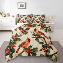Manfei Cartoon Bird Child Bedding Comforter Set, Vintage Winter Floral Twin Comforter Sets, Kawaii Christmas Animal Reversible Bedding Set, Luxury Bedroom Decor, 2 Pieces