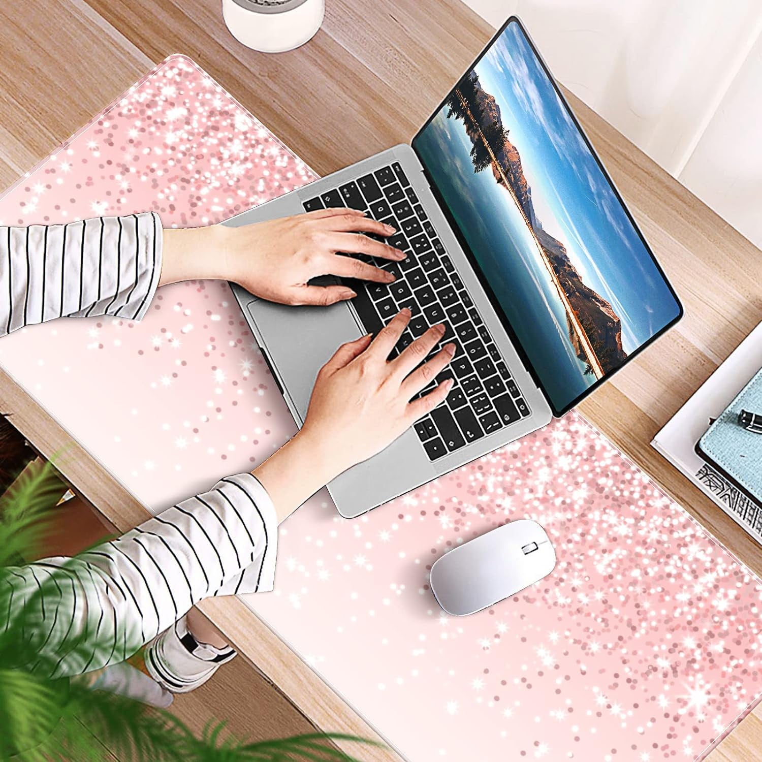 Rose Gold Fine Glitter Desk Mat, Desk Accessory, Cute Workspace, Trendy Workspace, Trendy, 35.4x15.7in Large Gaming Mouse Pad, Cute Desk Topper, Pretty Desk Pad