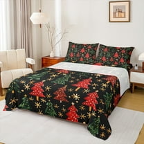 Manfei Christmas Stars Child Bed Sheets, Green Red Xmas Tree King Sheets, Vintage Western Festival Sheet Set, Luxury Bedroom Decor, 4pcs