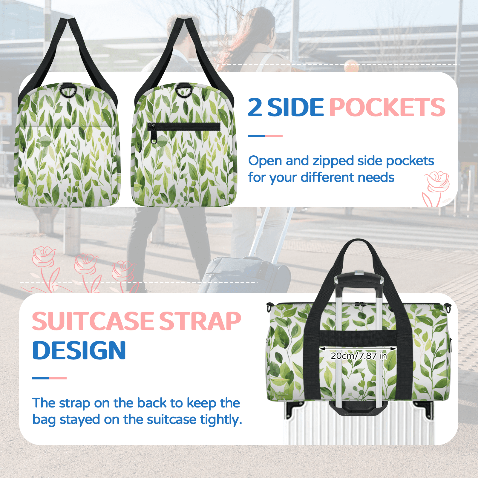 Herdesigns Green Cute Floral Travel Duffle Bag Sports Yoga Weekender Overnight Carry on Workout Bags Lightweight Waterproof Gym Tote Bag for Women