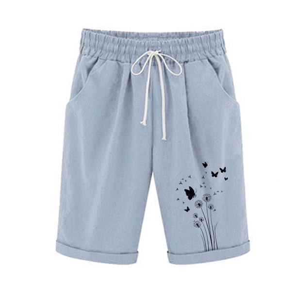 Pantalones Elásticos de la Cintura para las Mujeres Impresos Medias Pantalones Cortos, Bolsillos Casuales Poliéster para Toda la Temporada