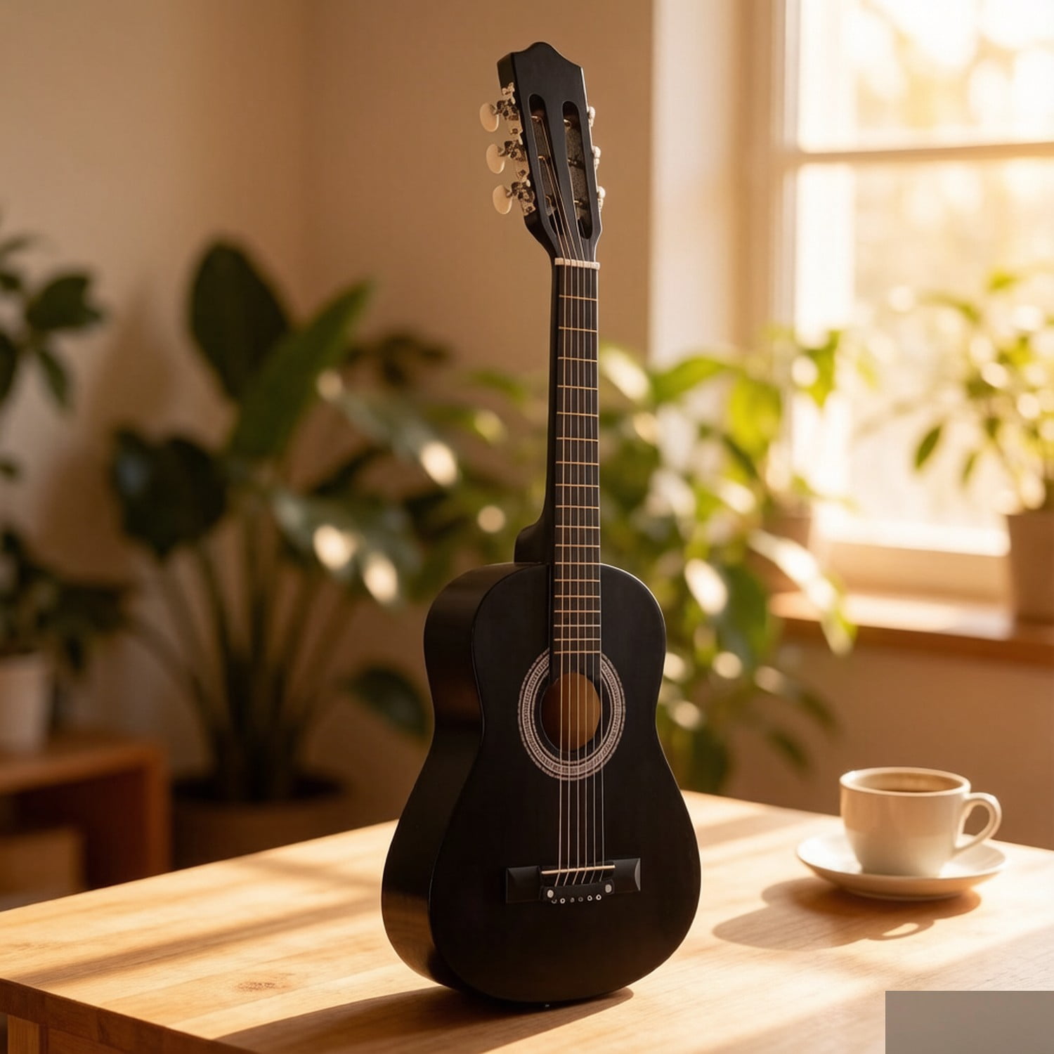 EDOEMSE 30-inch Round Acoustic Guitar in Matte Black Basswood Body Stringed Instrument with Case Strap Tuner Capo for Beginners Students and Professionals