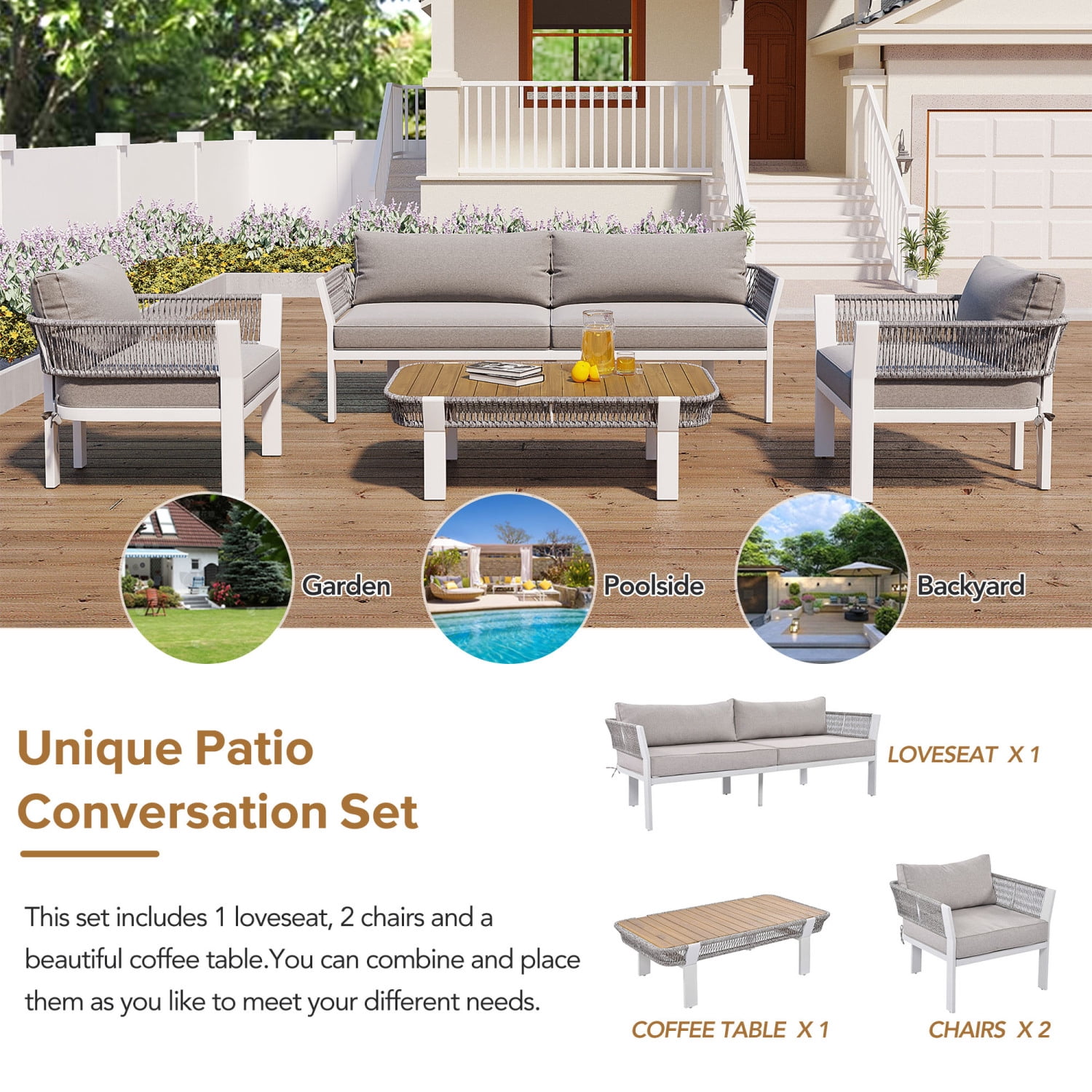 Churanty Outdoor Rope Furniture Set, 4 Piece Patio Conversation Set with Loveseat and 2 Chairs & Coffee Table for Backyard Porch Garden, Greyen Poolside and Backyard,Brown