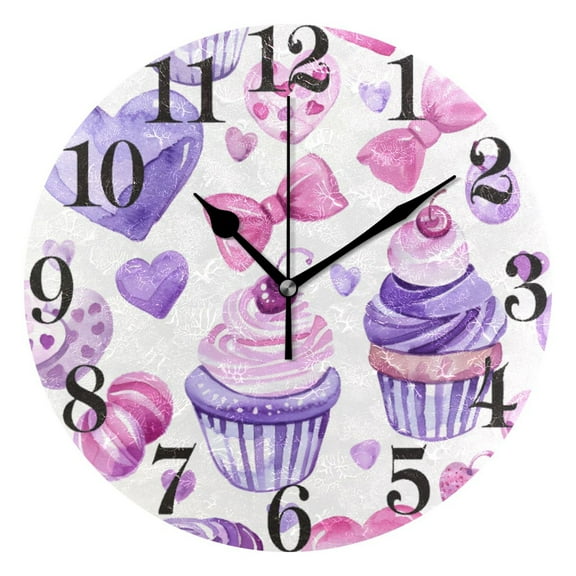 Heart Candy Cupcakes Bow Wall Clock 9.8 inch Battery Operated Clocks Non-Ticking Silent for Bedroom Office Kitchen Living Room